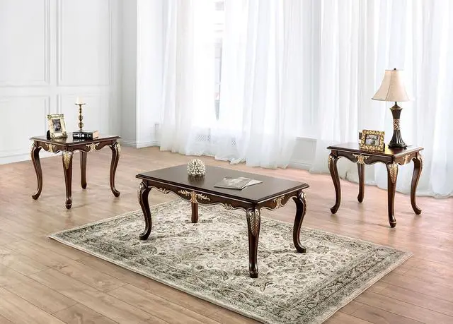 Alt view image 7 of 7 - Rich Tobacco Finish Traditional Style 1pc Rectangle Coffee Table Curved Legs Carved Details Design With Gold Highlight Elegant Look Solid Wood Structure