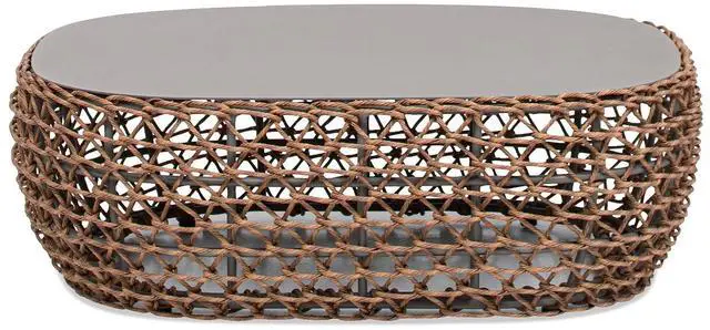 Alt view image 3 of 7 - Willow 40.5" Oval Woven Patio Coffee Table, Golden Brown Wicker Frame, Wheat Beige