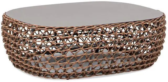 Alt view image 4 of 7 - Willow 40.5" Oval Woven Patio Coffee Table, Golden Brown Wicker Frame, Wheat Beige