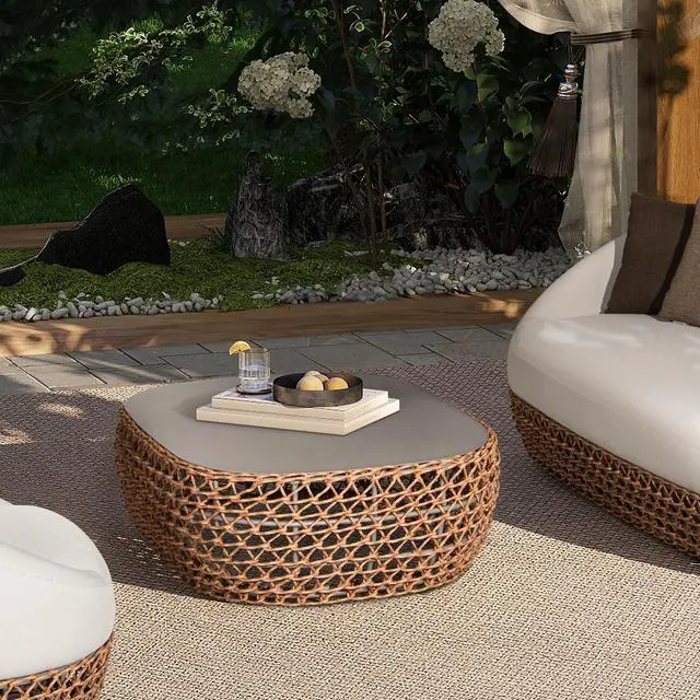 Main image of Willow 40.5" Oval Woven Patio Coffee Table, Golden Brown Wicker Frame, Wheat Beige