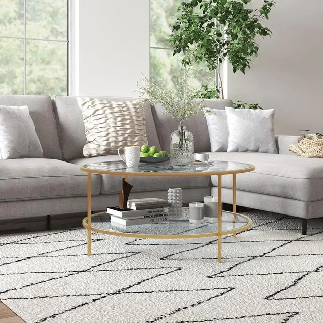 Alt view image 2 of 7 - HOMCOM Side Table with Storage, 36" Round End Table, 2-Tier Tempered Glass Coffee Table with Steel Frame for Living Room, Gold