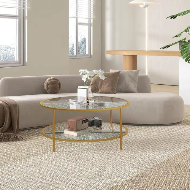 Alt view image 3 of 7 - HOMCOM Side Table with Storage, 36" Round End Table, 2-Tier Tempered Glass Coffee Table with Steel Frame for Living Room, Gold