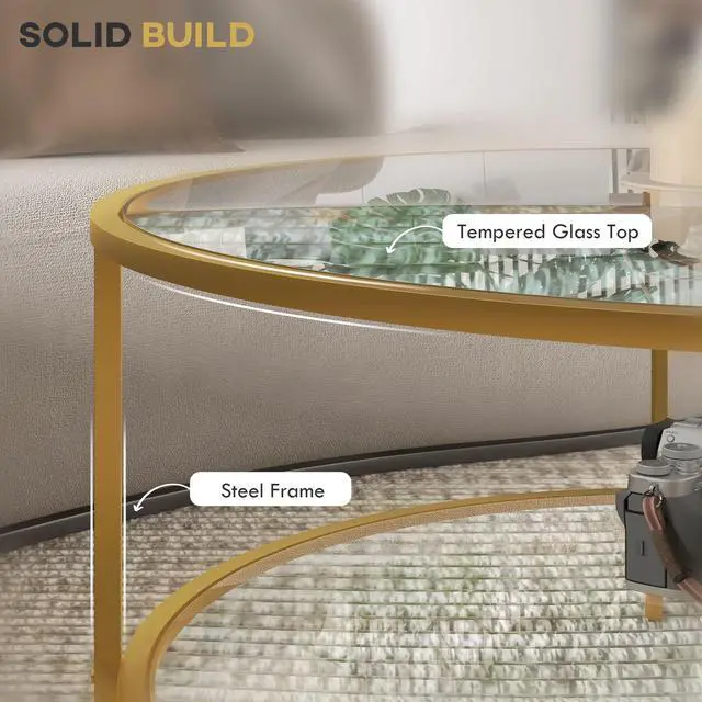 Alt view image 5 of 7 - HOMCOM Side Table with Storage, 36" Round End Table, 2-Tier Tempered Glass Coffee Table with Steel Frame for Living Room, Gold
