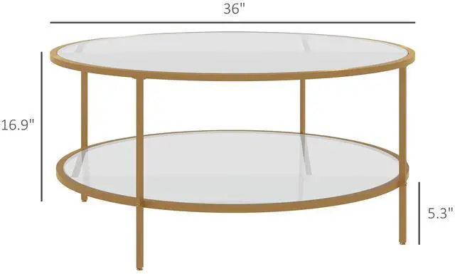 Alt view image 7 of 7 - HOMCOM Side Table with Storage, 36" Round End Table, 2-Tier Tempered Glass Coffee Table with Steel Frame for Living Room, Gold
