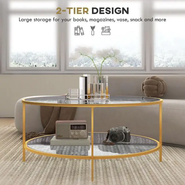 Alt view image 6 of 7 - HOMCOM Side Table with Storage, 36" Round End Table, 2-Tier Tempered Glass Coffee Table with Steel Frame for Living Room, Gold