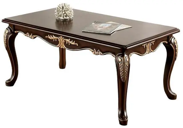 Alt view image 2 of 7 - Rich Tobacco Finish Traditional Style 1pc Rectangle Coffee Table Curved Legs Carved Details Design With Gold Highlight Elegant Look Solid Wood Structure