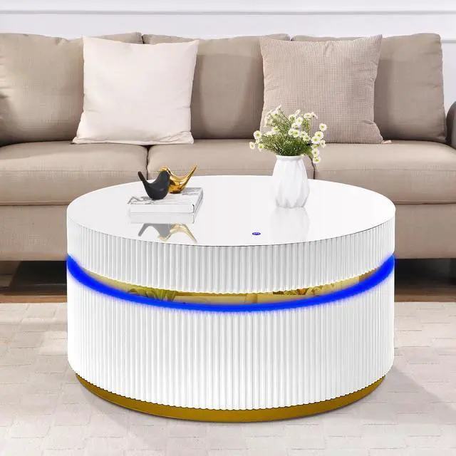 Alt view image 3 of 7 - Tavita 39" Round White Coffee Table with Glass Top and LED Lights