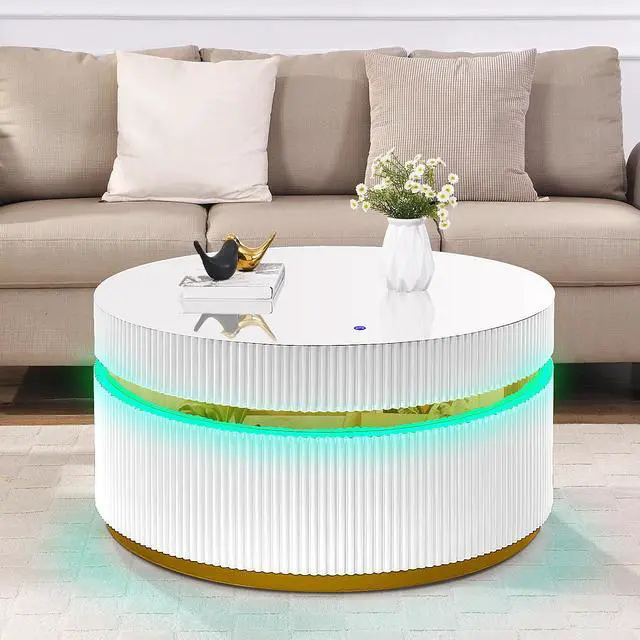 Main image of Tavita 39" Round White Coffee Table with Glass Top and LED Lights