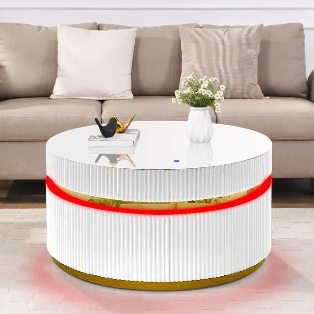 Alt view image 5 of 7 - Tavita 39" Round White Coffee Table with Glass Top and LED Lights