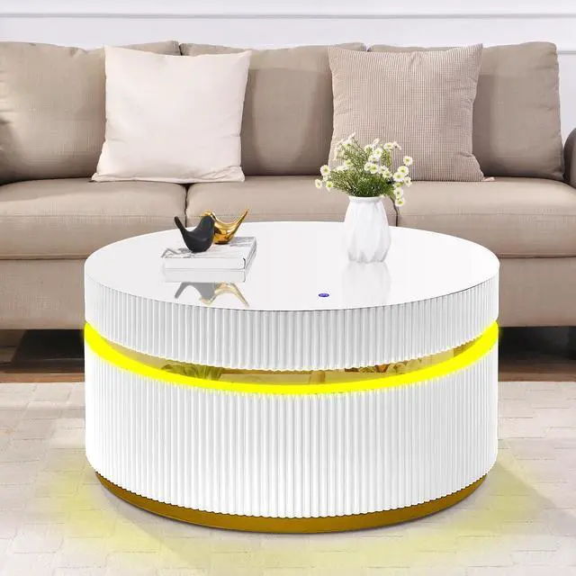 Alt view image 6 of 7 - Tavita 39" Round White Coffee Table with Glass Top and LED Lights