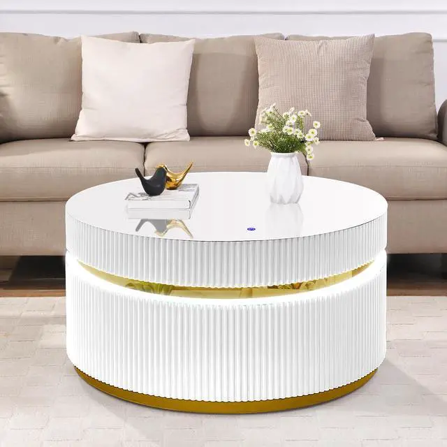 Alt view image 7 of 7 - Tavita 39" Round White Coffee Table with Glass Top and LED Lights
