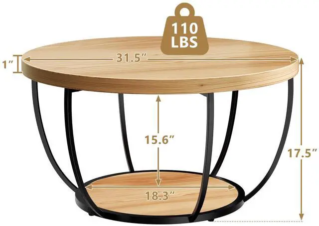 Alt view image 2 of 7 - 31.5" Round Coffee Table, 2-Tier Coffee Tables for Living Room, Small Wood Coffee Table with Storage, Modern Accent Center Table for Living Room & Kitchen