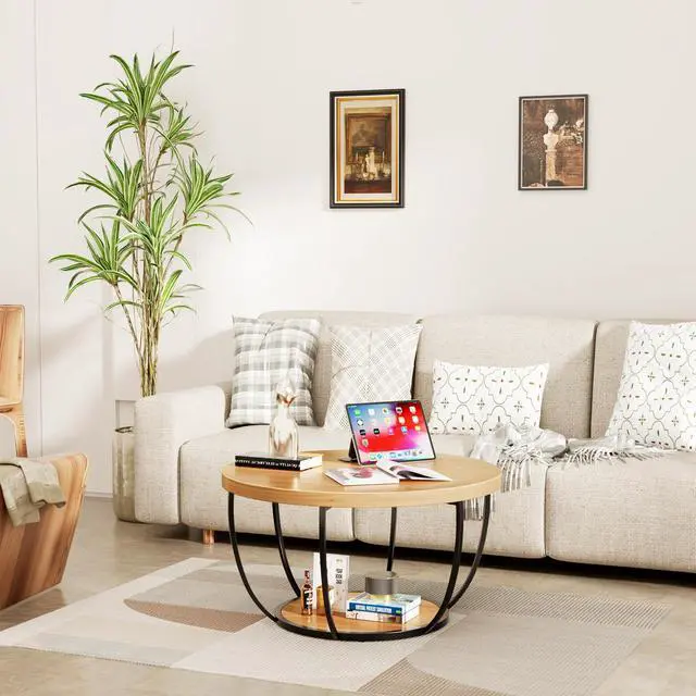 Alt view image 3 of 7 - 31.5" Round Coffee Table, 2-Tier Coffee Tables for Living Room, Small Wood Coffee Table with Storage, Modern Accent Center Table for Living Room & Kitchen