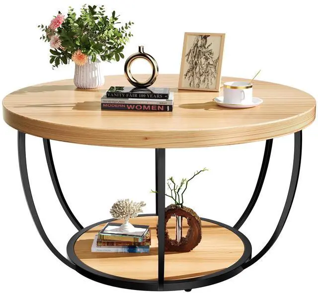 Main image of 31.5" Round Coffee Table, 2-Tier Coffee Tables for Living Room, Small Wood Coffee Table with Storage, Modern Accent Center Table for Living Room & Kitchen