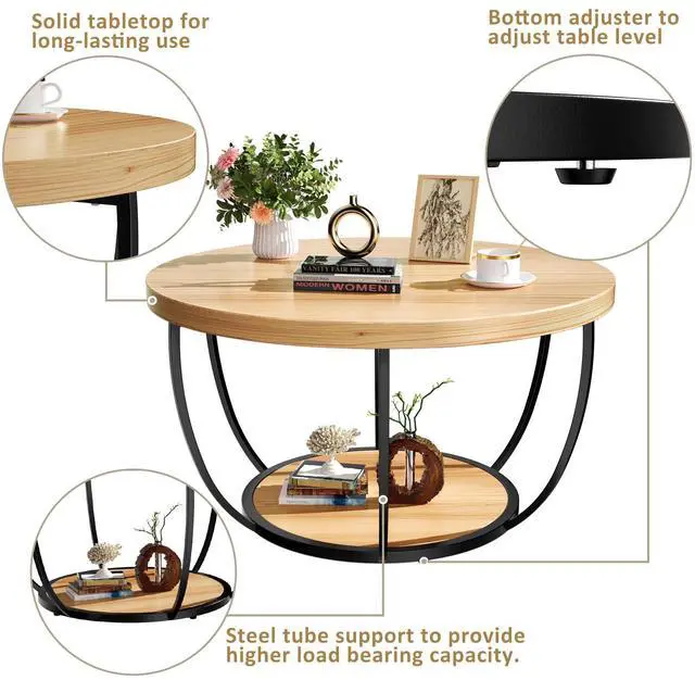 Alt view image 6 of 7 - 31.5" Round Coffee Table, 2-Tier Coffee Tables for Living Room, Small Wood Coffee Table with Storage, Modern Accent Center Table for Living Room & Kitchen