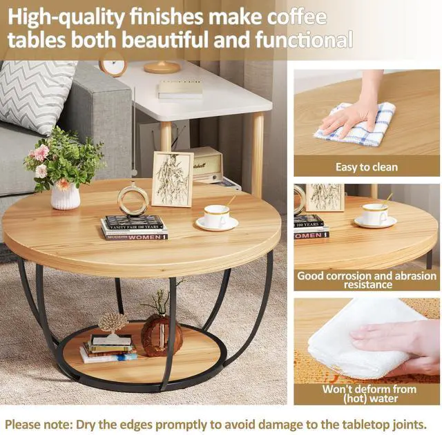 Alt view image 5 of 7 - 31.5" Round Coffee Table, 2-Tier Coffee Tables for Living Room, Small Wood Coffee Table with Storage, Modern Accent Center Table for Living Room & Kitchen