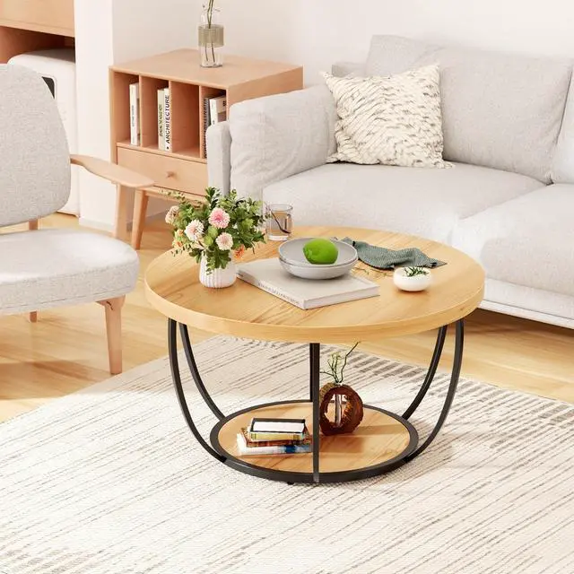 Alt view image 4 of 7 - 31.5" Round Coffee Table, 2-Tier Coffee Tables for Living Room, Small Wood Coffee Table with Storage, Modern Accent Center Table for Living Room & Kitchen