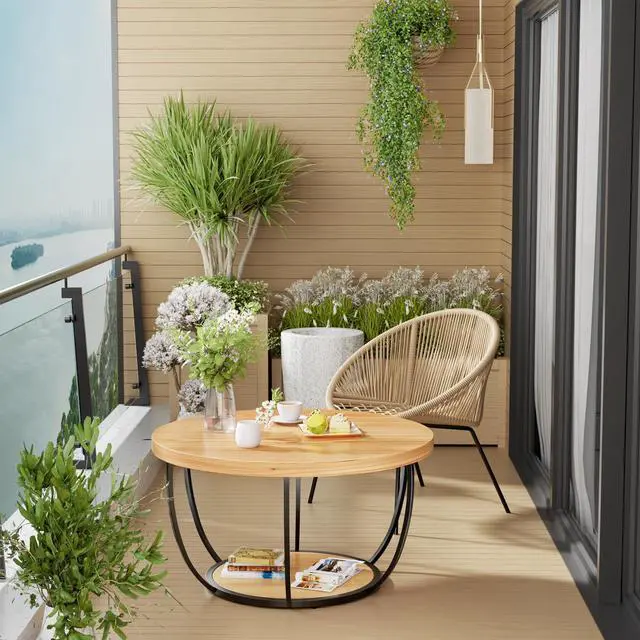 Alt view image 7 of 7 - 31.5" Round Coffee Table, 2-Tier Coffee Tables for Living Room, Small Wood Coffee Table with Storage, Modern Accent Center Table for Living Room & Kitchen