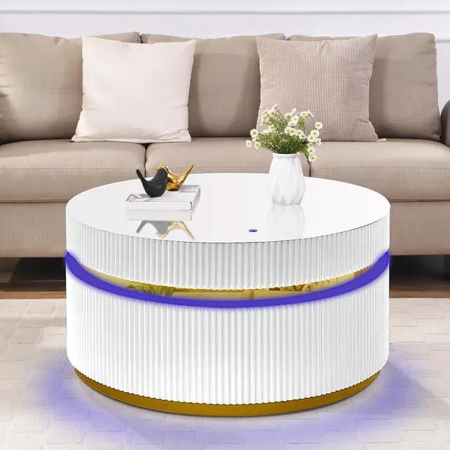 Alt view image 4 of 7 - Tavita 39" Round White Coffee Table with Glass Top and LED Lights