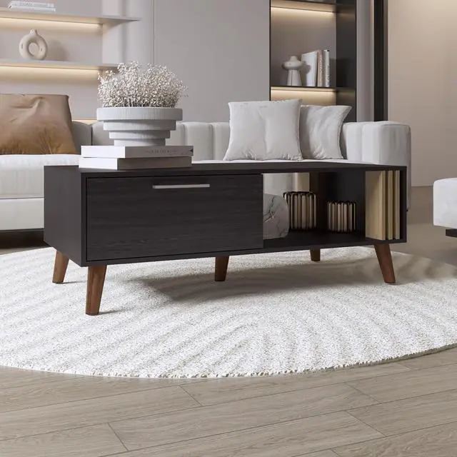 Main image of Vance 47" Wide Coffee Table with One Open Shelf and One pull Down Cabinet Door, Living Room, Storage Black Wengue and Natural Oak