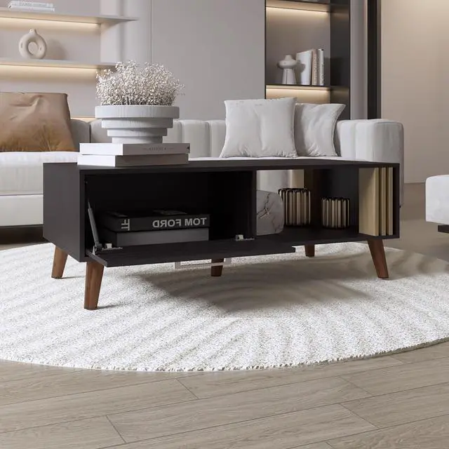 Alt view image 5 of 7 - Vance 47" Wide Coffee Table with One Open Shelf and One pull Down Cabinet Door, Living Room, Storage Black Wengue and Natural Oak
