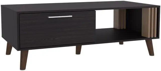 Alt view image 2 of 7 - Vance 47" Wide Coffee Table with One Open Shelf and One pull Down Cabinet Door, Living Room, Storage Black Wengue and Natural Oak