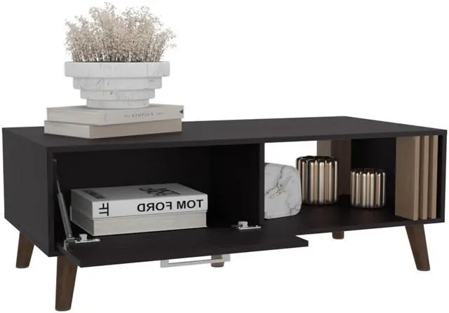 Alt view image 7 of 7 - Vance 47" Wide Coffee Table with One Open Shelf and One pull Down Cabinet Door, Living Room, Storage Black Wengue and Natural Oak