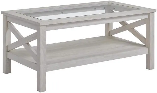 Main image of HOMCOM Farmhouse Style Coffee Table with Wood Frame, Tempered Glass Tabletop and Underneath Storage Shelf, Side Table for Living Room, 39.25"x21.75", White Oak