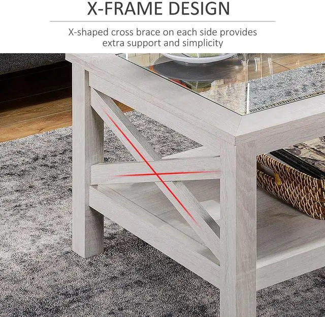 Alt view image 3 of 7 - HOMCOM Farmhouse Style Coffee Table with Wood Frame, Tempered Glass Tabletop and Underneath Storage Shelf, Side Table for Living Room, 39.25"x21.75", White Oak