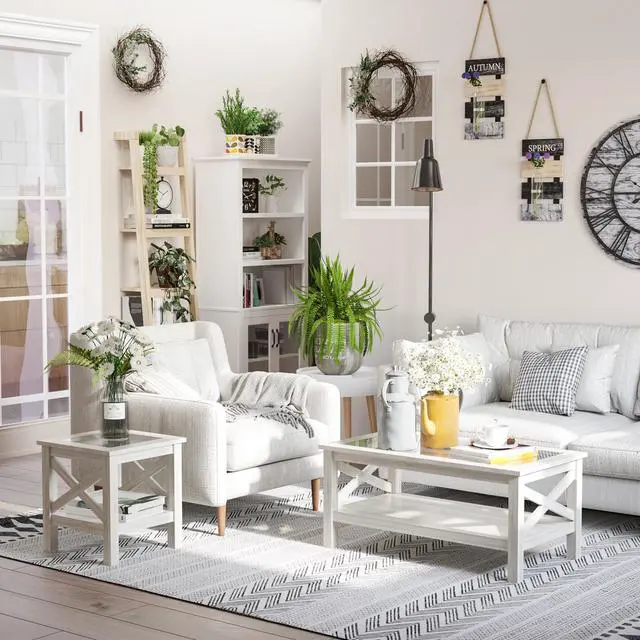 Alt view image 6 of 7 - HOMCOM Farmhouse Style Coffee Table with Wood Frame, Tempered Glass Tabletop and Underneath Storage Shelf, Side Table for Living Room, 39.25"x21.75", White Oak