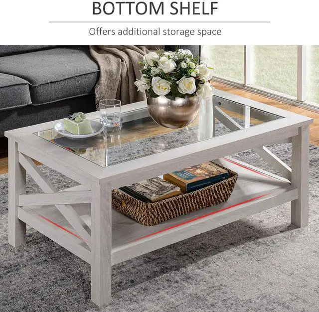 Alt view image 4 of 7 - HOMCOM Farmhouse Style Coffee Table with Wood Frame, Tempered Glass Tabletop and Underneath Storage Shelf, Side Table for Living Room, 39.25"x21.75", White Oak