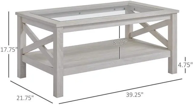 Alt view image 7 of 7 - HOMCOM Farmhouse Style Coffee Table with Wood Frame, Tempered Glass Tabletop and Underneath Storage Shelf, Side Table for Living Room, 39.25"x21.75", White Oak