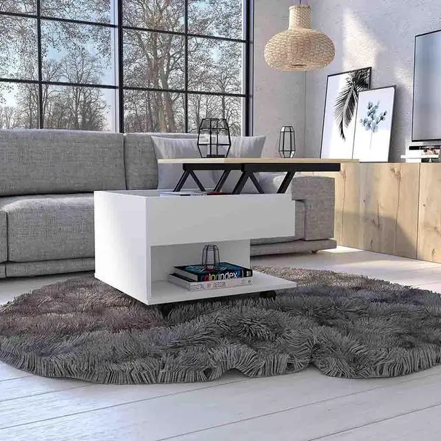 Alt view image 7 of 7 - Lift Top Coffee Table Mercuri, Casters, White / Light Oak Finish