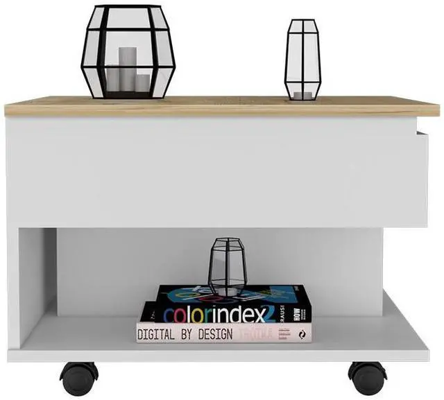 Alt view image 6 of 7 - Lift Top Coffee Table Mercuri, Casters, White / Light Oak Finish