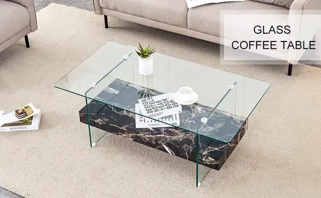 Alt view image 2 of 7 - 43.3-Inch Heavy-Duty Coffee Table with Tempered Glass Top  Base 250LB Capacity,Double-Layer Storage,4 Finish Options Walnut/Wood/Black/White Marble  Modern  Durable Design