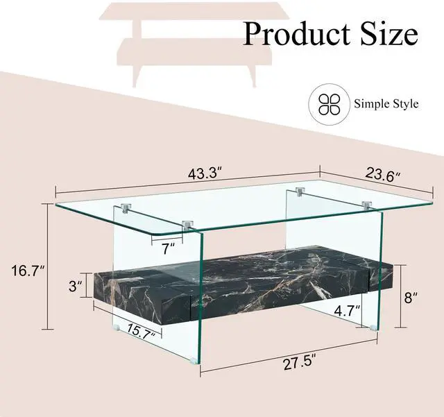 Alt view image 6 of 7 - 43.3-Inch Heavy-Duty Coffee Table with Tempered Glass Top  Base 250LB Capacity,Double-Layer Storage,4 Finish Options Walnut/Wood/Black/White Marble  Modern  Durable Design