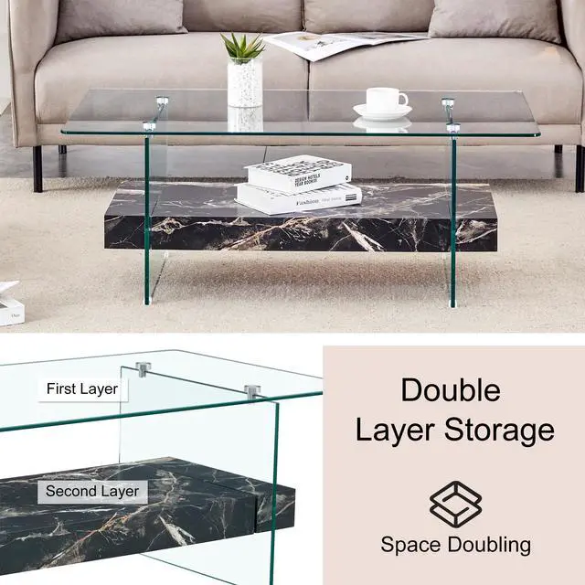 Alt view image 4 of 7 - 43.3-Inch Heavy-Duty Coffee Table with Tempered Glass Top  Base 250LB Capacity,Double-Layer Storage,4 Finish Options Walnut/Wood/Black/White Marble  Modern  Durable Design