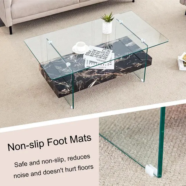 Alt view image 5 of 7 - 43.3-Inch Heavy-Duty Coffee Table with Tempered Glass Top  Base 250LB Capacity,Double-Layer Storage,4 Finish Options Walnut/Wood/Black/White Marble  Modern  Durable Design