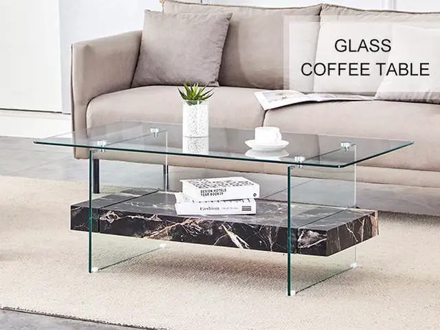 Alt view image 3 of 7 - 43.3-Inch Heavy-Duty Coffee Table with Tempered Glass Top  Base 250LB Capacity,Double-Layer Storage,4 Finish Options Walnut/Wood/Black/White Marble  Modern  Durable Design