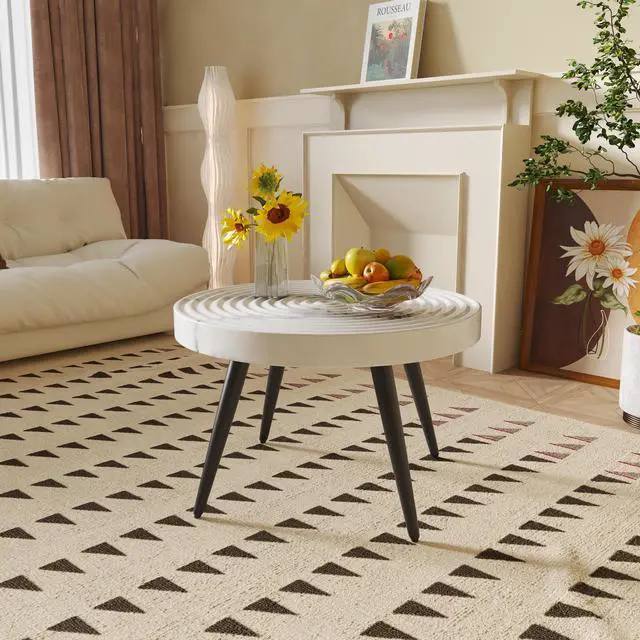 Alt view image 2 of 4 - 31-inch Modern farmhouse-style living room coffee table, round table with natural finish, white marble style