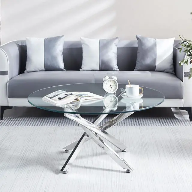 Alt view image 3 of 5 - Modern Round Tempered Glass Coffee Table with Stainless Steel Legs