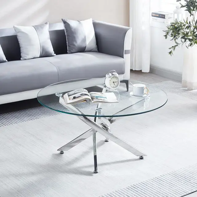 Alt view image 2 of 5 - Modern Round Tempered Glass Coffee Table with Stainless Steel Legs