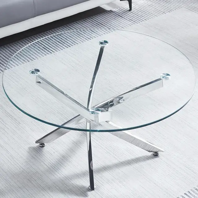Main image of Modern Round Tempered Glass Coffee Table with Stainless Steel Legs