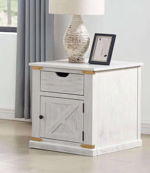 Alt view image 6 of 7 - Rustic Style Antique White 1pc End Table Living Room Side Table w Drawers Barnyard Design