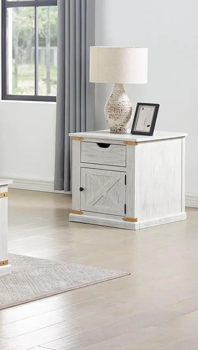 Alt view image 7 of 7 - Rustic Style Antique White 1pc End Table Living Room Side Table w Drawers Barnyard Design