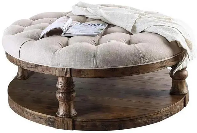 Alt view image 2 of 6 - Rustic Style Round Wooden Coffee Table Antique Oak Finish supported Turned Legs And Open Shelf