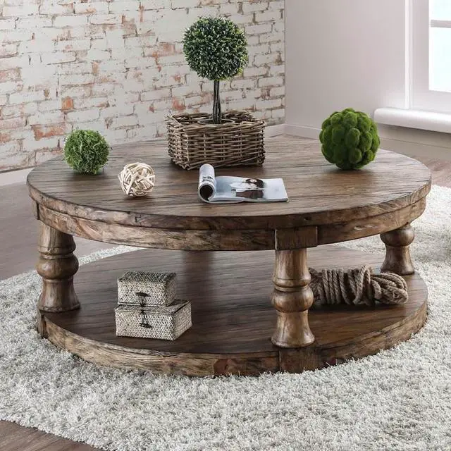 Alt view image 3 of 6 - Rustic Style Round Wooden Coffee Table Antique Oak Finish supported Turned Legs And Open Shelf