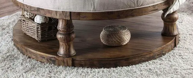 Alt view image 4 of 6 - Rustic Style Round Wooden Coffee Table Antique Oak Finish supported Turned Legs And Open Shelf