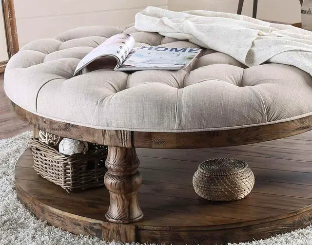 Alt view image 5 of 6 - Rustic Style Round Wooden Coffee Table Antique Oak Finish supported Turned Legs And Open Shelf