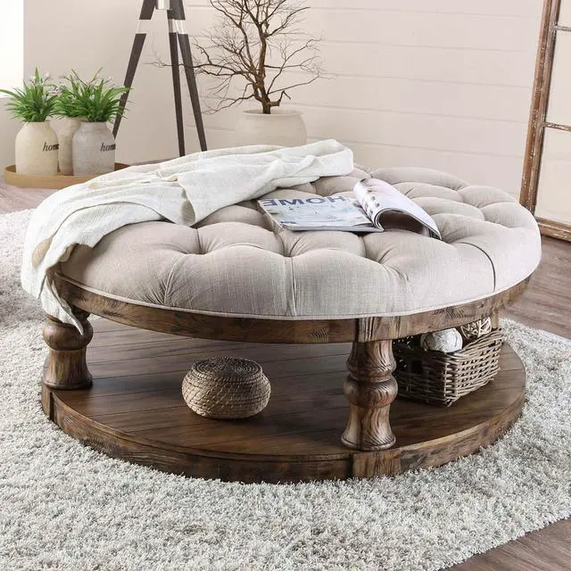 Alt view image 6 of 6 - Rustic Style Round Wooden Coffee Table Antique Oak Finish supported Turned Legs And Open Shelf